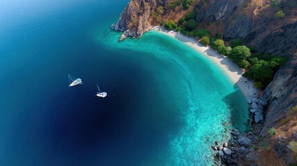 Fototapeta premium Aerial panorama of dramatic cliffside and turquoise bay, boats anchored near rocky shore, tropical adventure scene for travel stock photo