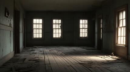 an abandon room without furniture and with a lot of windows which illuminate room with natural light