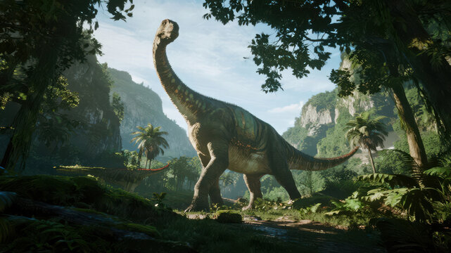 A majestic dinosaur roams through a lush, prehistoric forest with towering trees and misty mountains in the background. - Powered by Adobe