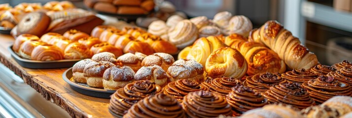 Bakery display featuring assorted bread and pastries, fresh and ready to serve