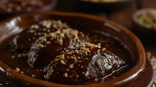 A delicious Mexican mole sauce, rich in flavor and spices, served over tostadas or enchiladas. Authentic recipe with chocolate, nuts, cloves, cumin, vanilla, and cinnamon.