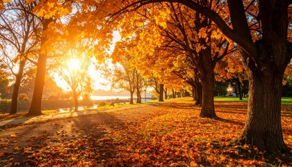 Fototapeta premium 秋のイメージ 紅葉の木々が生える公園、広場