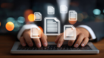 A businessman types on a laptop with document icons floating above the keyboard, symbolizing data management and digital paperwork in a modern office setting.