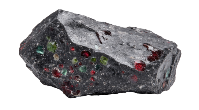 Dark rock specimen, embedded with red and green crystals