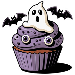 Halloween cupcake featuring a ghost and bats, perfect for the holiday