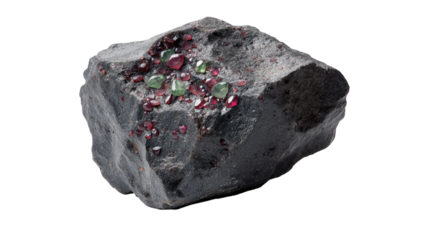 Dark gray rock specimen, studded with red and green crystals