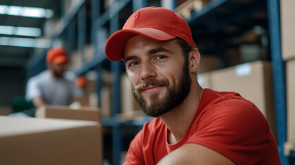 Warehouse employee smiling distribution center portrait photo industrial setting upbeat mood hard work and team spirit