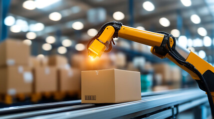Automated robot handling packages warehouse industrial scene efficient technology close-up view robotics in action