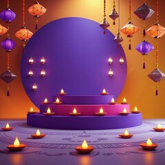 Opulent Diwali greeting card with glowing lamps, majestic lanterns, radiant purple and gold festive background, and elegant celebration decor – AI-Generated