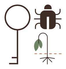Minimalist design with a key, beetle, and drooping plant symbolizing solutions, pests, and environmental degradation. Ideal for sustainability, ecology, problem-solving, balance innovation