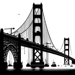 Obraz premium Black and White Vector Silhouette of a Bridge with Broken Sections