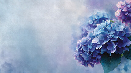 Artistic Impression of Blue Hydrangea Flowers Against a Softly Blended Sky and Sea Background Keywords: hydrangea, blue, purple, flowers, floral, nature, sky, sea, water, landscape, painting, art