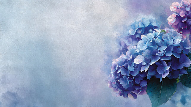 Artistic Impression of Blue Hydrangea Flowers Against a Softly Blended Sky and Sea Background Keywords: hydrangea, blue, purple, flowers, floral, nature, sky, sea, water, landscape, painting, art