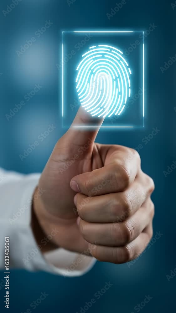 Poster biometric scan: male hand pressing illuminated fingerprint for identity verification and access cont