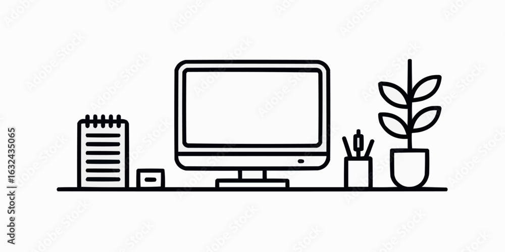 Aufkleber minimalist thin line icon representing a modern office desk with computer and stationery elements