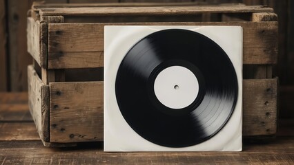 Vintage vinyl record in a sleeve on a wooden crate