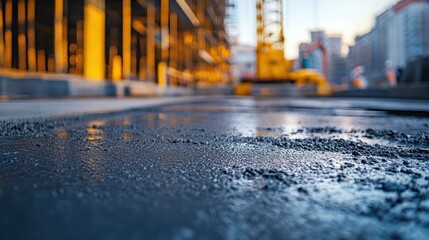 Fresh Concrete Floor at Construction Site with Crane in Background, Representing Industrial Growth