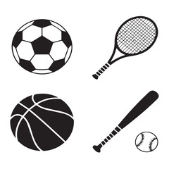 Vector art of assortment of sports equipment including a soccer ball, tennis racket, basketball, baseball bat, and baseball, isolated on white background