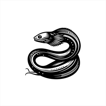 Stylized black and white illustration of a moray eel