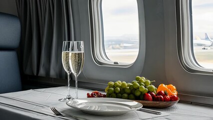 Enjoy a lavish meal at high altitude featuring fresh fruit and sparkling drinks while taking in views from the aircraft window