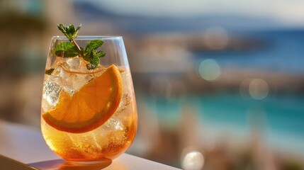 Creamy Citrus Cocktail in Sleek Glass – Mint & Orange Garnish with Dreamy Cannes Seascape – 4K Ultra HD Drink Photography with Shallow Depth of Field