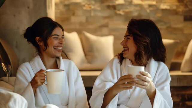 Captured is moment joy shared by two women in white robes, laughing with mugs in hand within neutral-toned spa setting. backdrop features cushions, textured walls, promoting relaxation, camaraderie.
