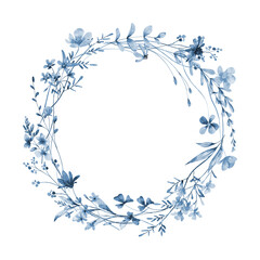 Wreath with blue flowers, digital illustration, floral frame, hand drawing.