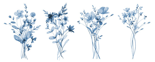 Floral border with blue flowers, set bouquets. Perfectly for design posters, greeting cards, invitations, social media. Isolated on white background.