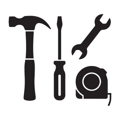 Vector art of collection of black silhouette icons representing common hand tools hammer, screwdriver, wrench, and tape measure, isolated on white background