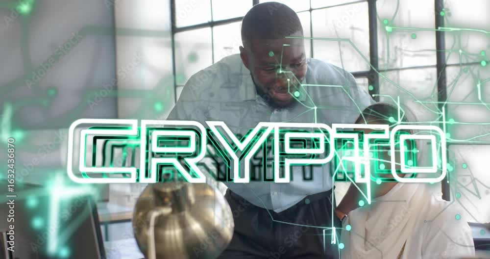 Poster woman scrolling and clicking laptop while man pointing demonstrating pulsing crypto network overlay