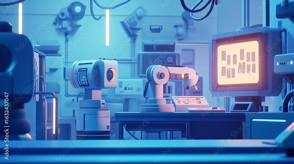 Aufkleber a futuristic laboratory setup with robotic arms and a computer screen in a blue toned environment