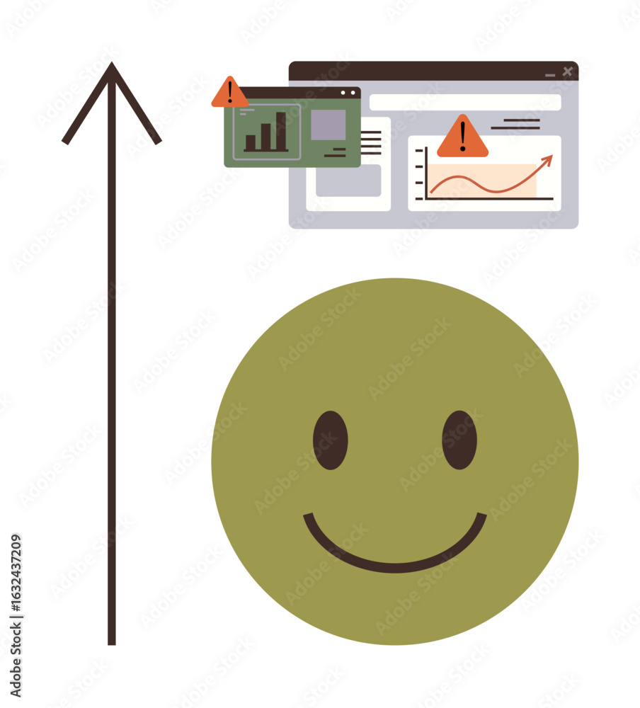 Aufkleber upward arrow next to a smiling face, browser windows with analytics graphs, and warning signs. ideal