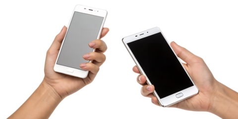Smartphones in Hand: Two hands delicately hold sleek smartphones, their screens contrasting starkly as they interact in a contemporary, tech-driven context.