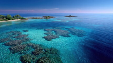 Fototapeta premium Birds eye view of clear tropical sea, coral reefs visible under surface, small islands scattered, vibrant and refreshing, travel or exotic location stock photo
