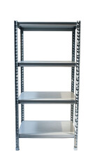 Four-tiered metal shelving unit, light gray, empty