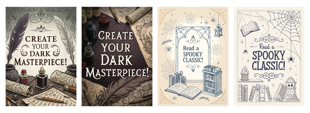 Set of four posters featuring vintage Halloween and literature themes with mystical elements