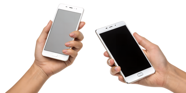Smartphones in Hand: Two hands delicately hold sleek smartphones, their screens contrasting starkly as they interact in a contemporary, tech-driven context.