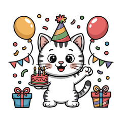 Vector art of cute cartoon cat celebrating birthday with cake, party hat, balloons, and gifts, isolated on white background