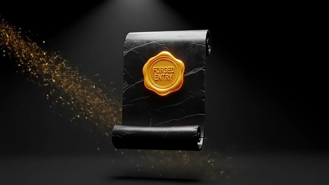 Elegant black scroll with a golden wax seal and the words priority entry floating with golden particles on a dark background, creating a luxurious and exclusive feel