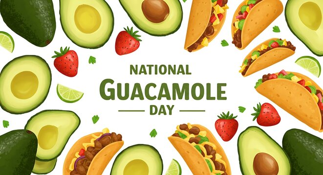National Guacamole Day Celebration Festive Avocados, Tacos, Strawberries, Lime, and Cheese