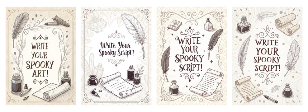 Set of four posters featuring spooky script with vintage quills scrolls and ink bottles