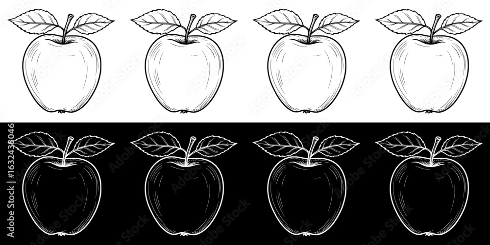 Poster isolated vector image of apples, two variants of design on transparent and black background, pencil 