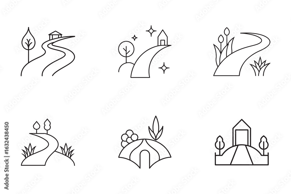 Poster collection of simple line art landscape icons featuring nature and structures in a minimalist style 