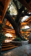Massive tree trunk inside a wooden structure