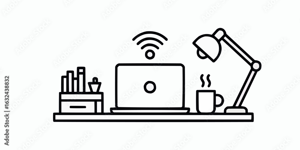 Aufkleber thin line icon representing a remote working setup with essential elements for a home office environ