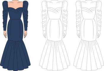PrintBack view elegant mermaid dress, fashion illustration with long sleeves, fitted gown design, women’s evening wear technical sketch