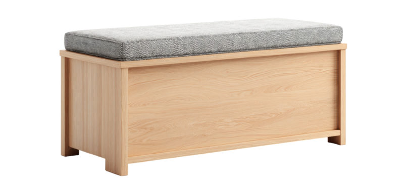 Light-colored wooden storage bench with gray seat cushion