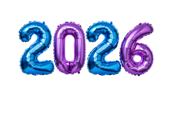 2026 holographic balloons on white background. New year 2026 post card concept.