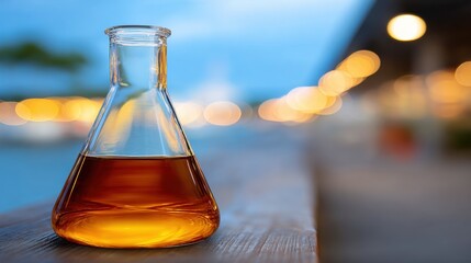 Erlenmeyer flask containing amber liquid sits on wooden surface with blurred background of lights
