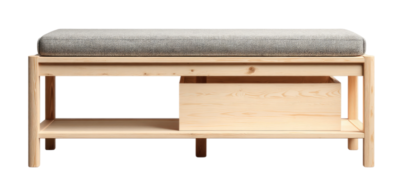 Light-colored wooden bench with gray seat cushion and storage